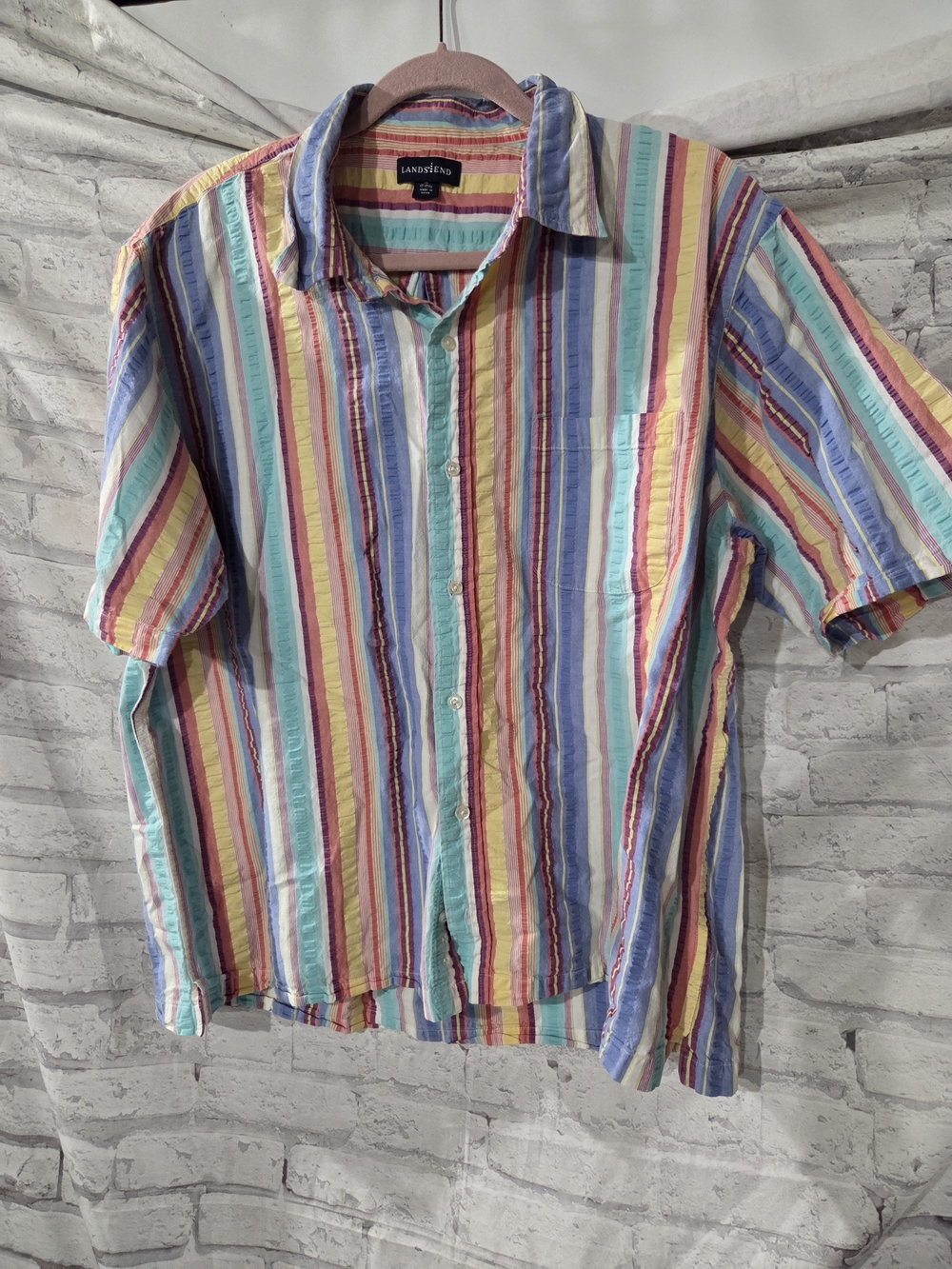 Lands' End Multicolor Vertical Stripe Short-Sleeve Button-Down Shirt